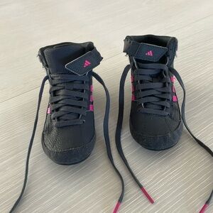 Kids size 11 (11K) adidas wrestling shoes in hot pink and gray.